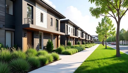 A row of contemporary Australian townhouses. Modern multi-unit dwellings along a concrete pathway with small front gardens and an open green community space, created with generative ai