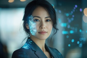 Obraz premium A woman with futuristic digital data projected onto her face, representing technological advancement and innovation.