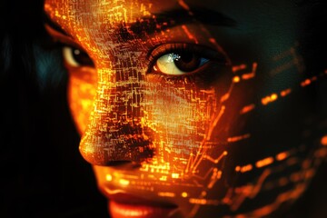 A woman's face overlaid with a glowing digital circuit board pattern, representing technological integration with humanity.