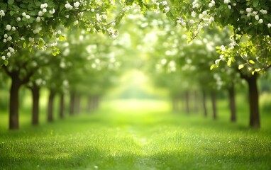 Obraz premium Serene Spring Blossoms Tree Lined Pathway Green Grass