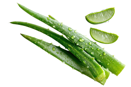 Fresh aloe vera with sliced sections and visible gel, water drops on green leaves, flat lay top view isolated on white 