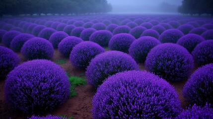 Purple lavender fields in a misty morning