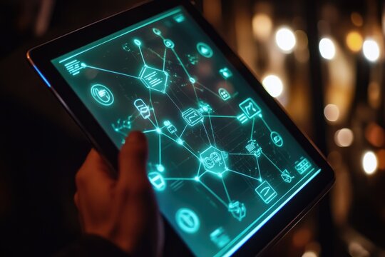 A hand holds a tablet displaying a futuristic network interface with glowing icons, representing data connectivity and digital interaction.