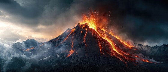 volcano eruption pressure concept. Erupting volcano with lava and dramatic clouds in a rugged landscape.