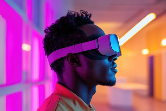 A young man with curly hair experiences virtual reality in a vibrant neon-lit room.