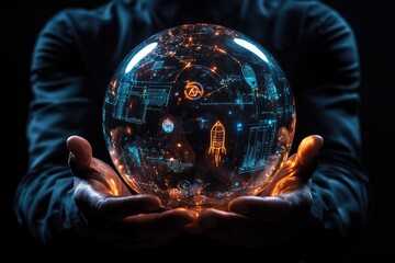 A person holds a futuristic holographic globe displaying data, charts, and a rocket, symbolizing innovation and technological advancement.