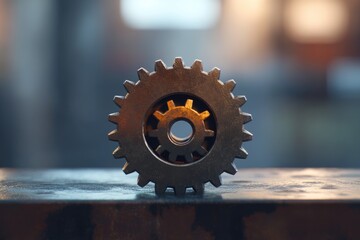 A single metallic gear rests on a dark surface, symbolizing mechanics and industrial design.