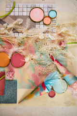 Color palette mood board in blue and yellow tones with floral decoration for interior design and...