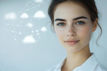 Fototapeta premium A young woman with clear skin and blue eyes, overlaid with a network representing cloud computing.