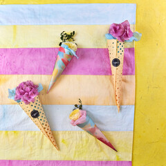 Color palette mood board in bright crimson and yellow with floral decoration for interior design...