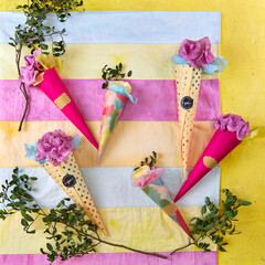 Color palette mood board in bright crimson and yellow with floral decoration for interior design...