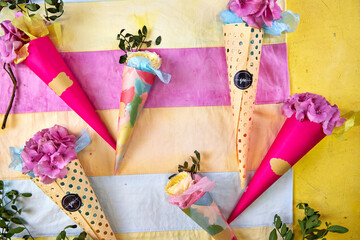 Color palette mood board in bright crimson and yellow with floral decoration for interior design...