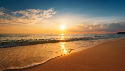 Obraz premium vacation travel tourism banner closeup sea sand beach panoramic beach landscape inspire tropical beach seascape horizon orange and golden sunset sky calmness tranquil relaxing sunlight summer mood