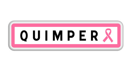 Panneau de sortie de Quimper, Finistère, Bretagne avec Ruban Octobre Rose