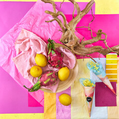 Color palette mood board in bright crimson and yellow tones for interior design and decor, top view