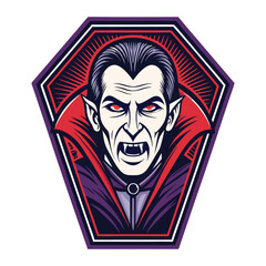 A dramatic close-up of a vampire's head, fangs bared, emerging from a dark, swirling cloak; intense lighting, detailed textures.