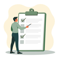Man checking tasks on clipboard against light background  