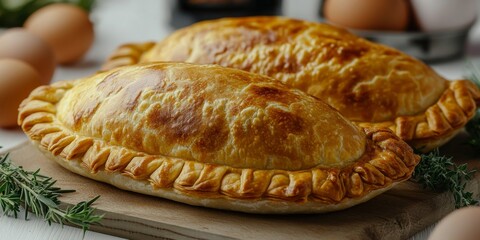 Two Colombian Easter empanadas with golden, flaky crusts on a wooden board, surrounded by eggs and herbs
