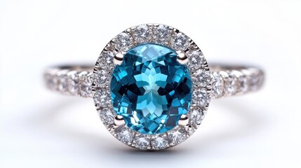Bold cocktail ring with oversized aquamarine and diamond halo, isolated on white background