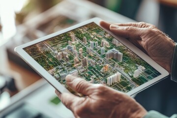 A person uses a tablet to view a 3D model of a city's urban development.
