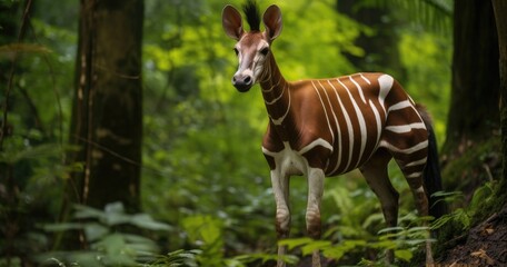 a photo of an Okapi standing candidly in a dense forest, nature in the background, nature photography 