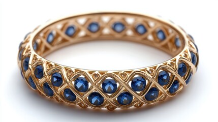 Sapphire-encrusted bangle in intricate gold lattice design, isolated on white background