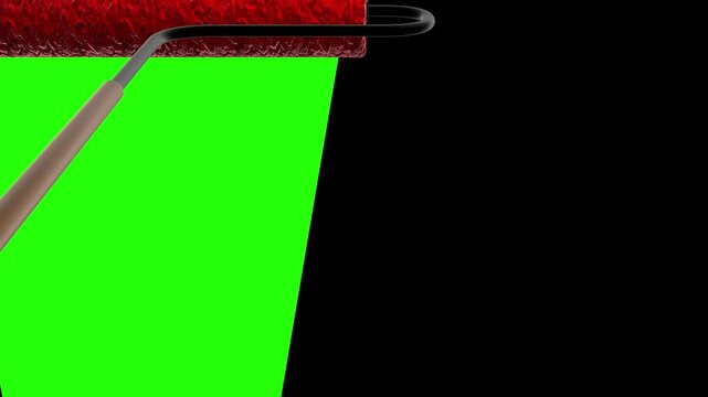 3d transition animation of red painting roller moving cross screen. Brush color reveals green screen