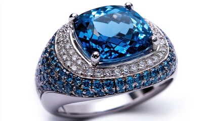 Luxury gemstone ring with cushion-cut blue topaz and pave diamonds, isolated on white background