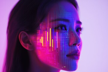 A woman's face is overlaid with vibrant, neon-colored data visualizations, symbolizing the merging of technology and humanity.