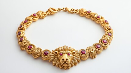 Obraz premium Regal gold necklace with lion-head centerpiece and ruby eyes, isolated on white background