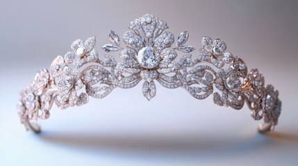 Fototapeta premium High-jewelry diamond tiara with layered floral motifs, isolated on white background