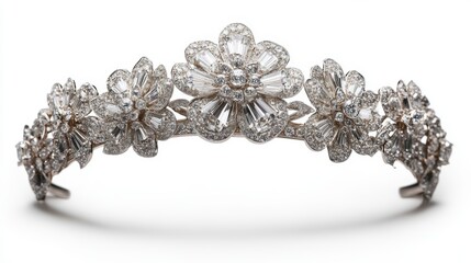 Fototapeta premium High-jewelry diamond tiara with layered floral motifs, isolated on white background