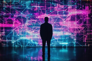 A person silhouetted against a vibrant digital display showcasing complex interconnected data streams.