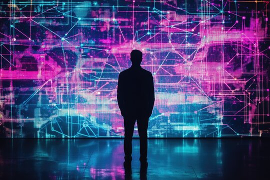 A person silhouetted against a vibrant digital display showcasing complex interconnected data streams.