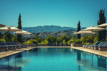Obraz premium A stunning poolside view of Napa Valley, with the hotel's outdoor swimming pools surrounded by lush greenery and mountains in the background Generative AI
