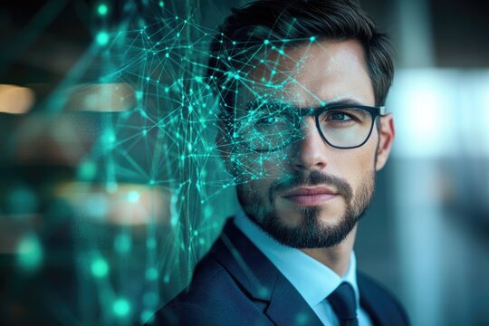 A businessman with glasses, partially obscured by a network visualization, representing digital transformation and connectivity.