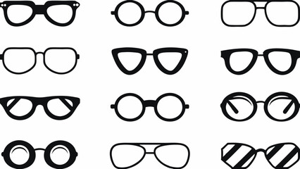 Collection of twelve different styles of eyeglasses and sunglasses in black and white vector format created with generated ai