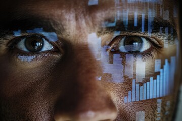 Close-up of a person's eyes overlaid with digital data, visualizing information processing.