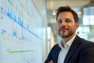 Fototapeta premium Confident businessman standing near a large screen displaying charts and graphs, showcasing data analysis.