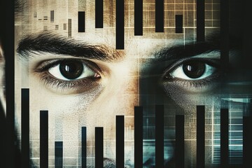 Intriguing close-up of eyes overlaid with a digital data stream, representing data privacy and surveillance.