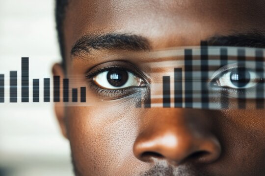 Close-up of a person's eyes overlaid with a data visualization, representing biometric data or technological integration.