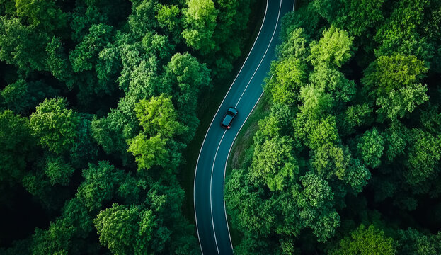 Winding road through a lush green forest showcasing a car's journey amid nature's vibrant beauty