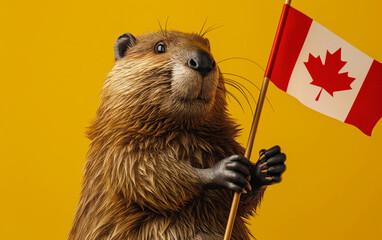 Beaver with Canadian flag proudly standing. National animal and Canada Day concept.  
