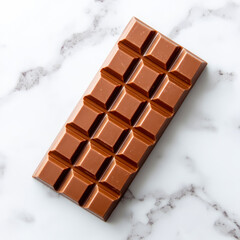 Delicious milk chocolate bar awaits indulgence against a serene marble backdrop, elegantly showcasing its glossy surface and perfect squares