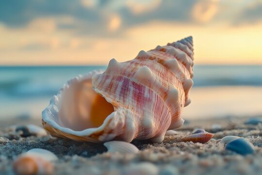 Beauty of a conch shell at sunset on the beach with a blurred ocean background creating a serene atmosphere