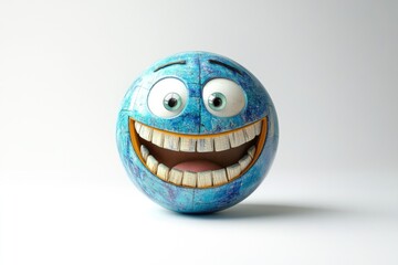 A cheerful, cracked blue sphere with a wide, toothy grin and expressive eyes.