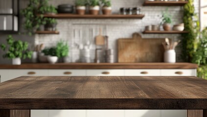 Rustic kitchen countertop, out of focus, wood table