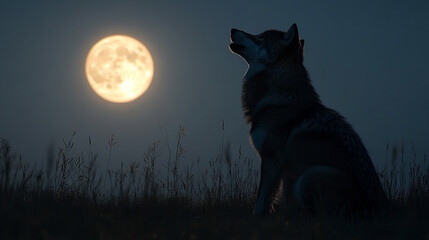 Majestic wolf silhouetted against a glowing full moon in a starry night sky symbolizes strength independence mystery and the primal connection between nature instinct and the wild unknown

