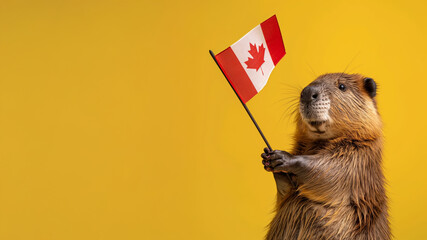 Cheerful beaver proudly holding Canadian flag. Canada national symbol concept.  
