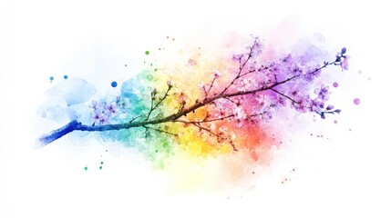 Obraz premium Vibrant, colorful blossom branch against a backdrop of watercolor splatter.
